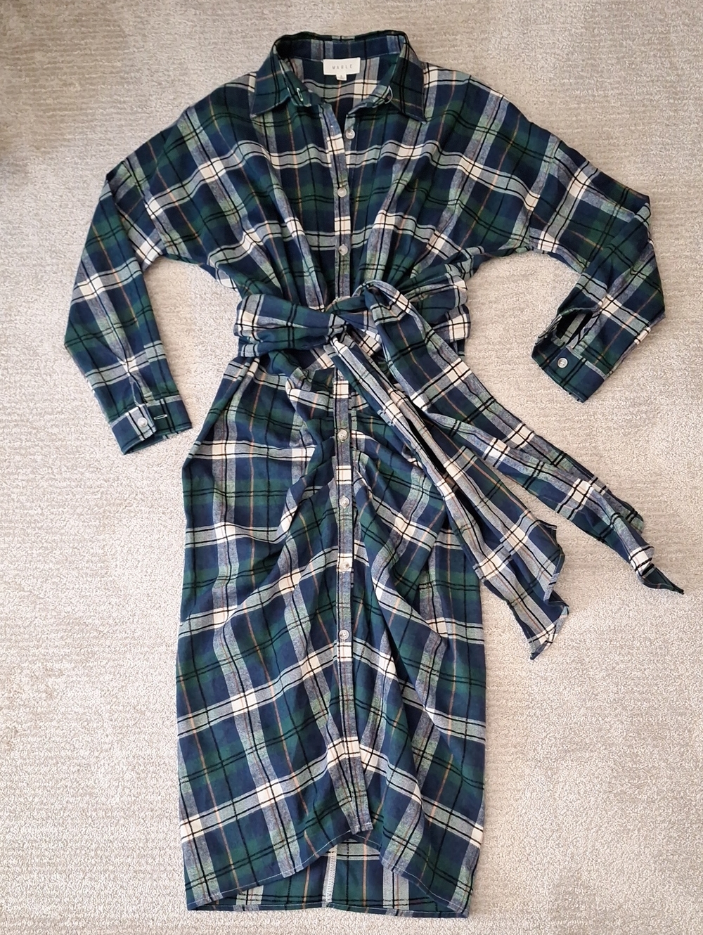 New Cute Navy, Green & White Plaid Tie-Waist Shirt Dress